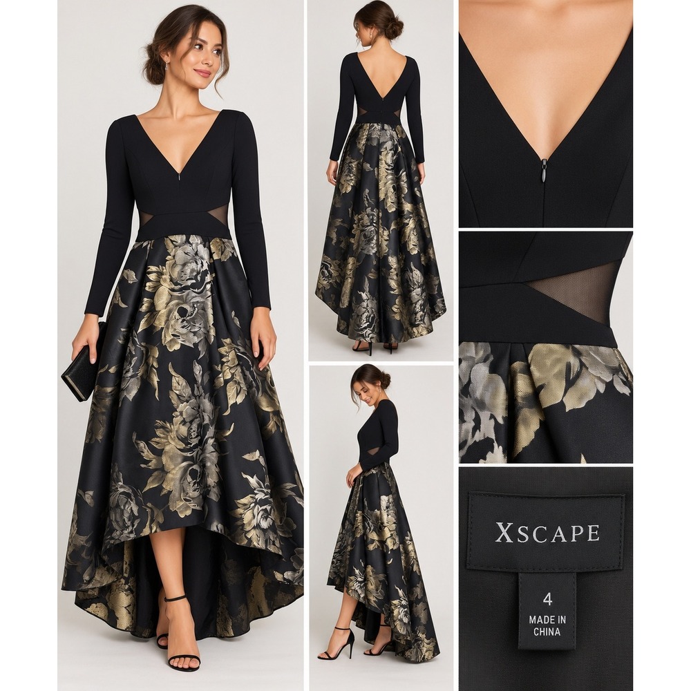 Xscape Gown Women 4 Black Gold Metallic Floral Brocade Mesh Cutout High-Low 770X